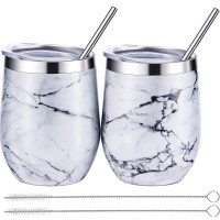 2 Sets 12 oz Stainless Steel Stemless Wine Glass,Double Wall Insulate Cup Tumbler straw, marble wine tumbler with straw brush