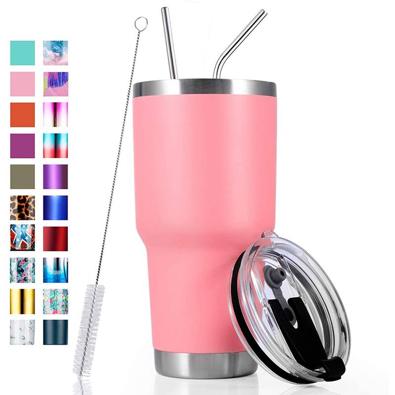 30oz Pink Tumbler Stainless Steel Tumbler With Straw And Lid,Cleaning Brush For Coffee